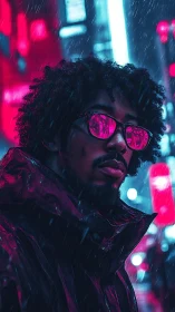 Neon-drenched cyberpunk portrait in rain-soaked streets.
