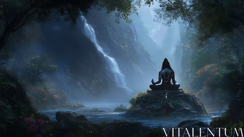 Mystic yogi silhouette meditating before misty forest falls.