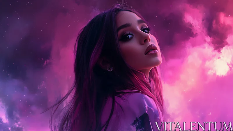 Digital portrait shows woman against magenta nebula background