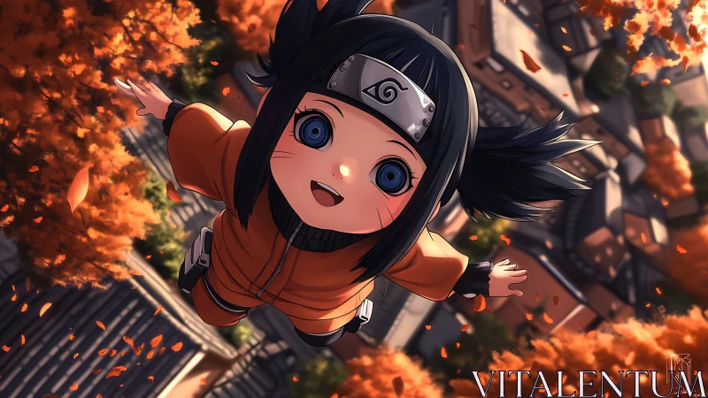 Child ninja falling through autumn village view.