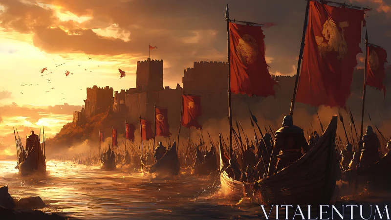 Red banners ride the burning tide toward stormbound citadel.