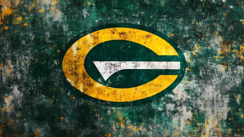 Grunge green oval emblem with bold gold and white stripe.