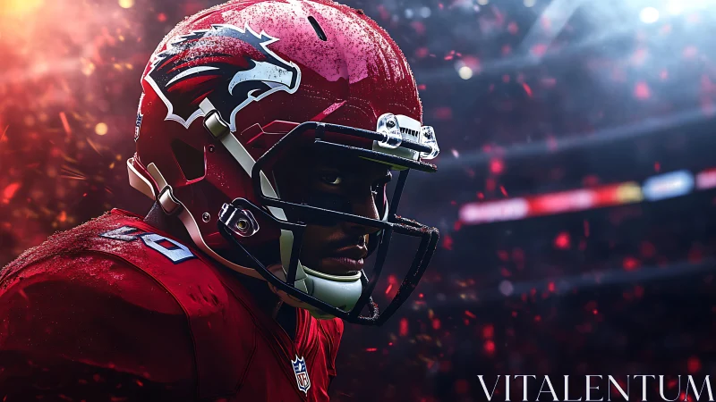 Focused football warrior glowing in dramatic stadium light.