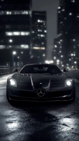 Front view of black Mercedes sports car on wet city road.