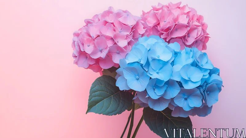Pink and Blue Hydrangea Blooms Against Soft Gradient