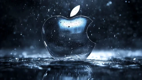 Glass apple logo under rain with luminous blue reflections.
