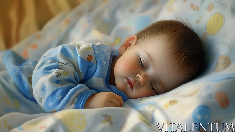 Sleeping infant in blue patterned bedding, rendered with high detail.