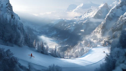 Alpine valley ski descent with atmospheric perspective gradients.