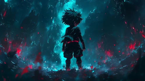 Lone young hero stands brave in a glowing storm of power