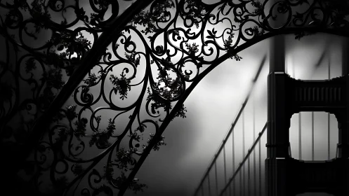 Ornate ironwork silhouette framing suspension bridge span.