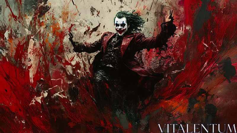 Digital painting of chaotic clown figure in crimson vortex.