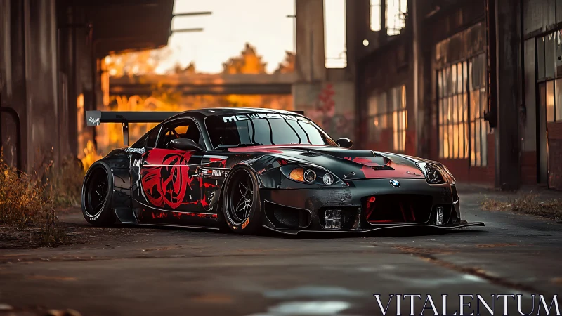 Modified BMW race car in abandoned industrial setting.