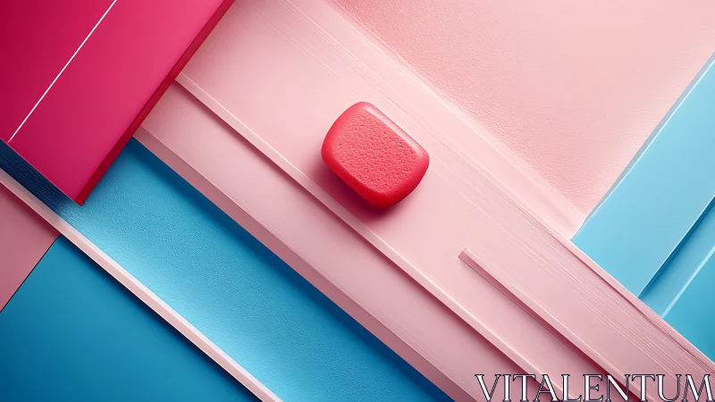 Geometric red block on pastel planes in diagonal balance.