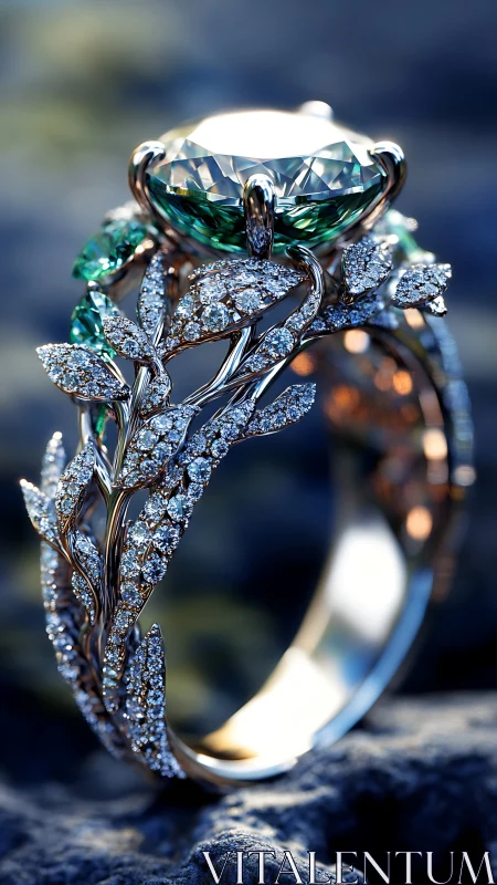 Ornate diamond and emerald ring glows in dramatic close-up