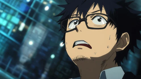 Anime man stares upward in tense neon city moment