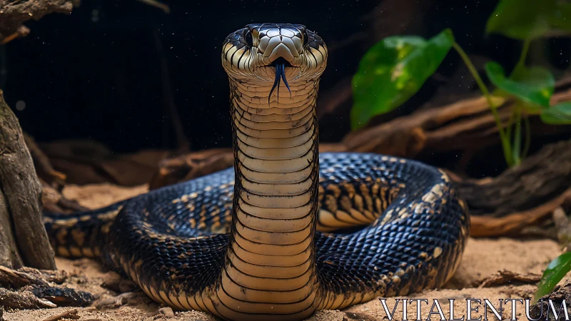 Curious cobra rises from the sand in a quiet forest nook.