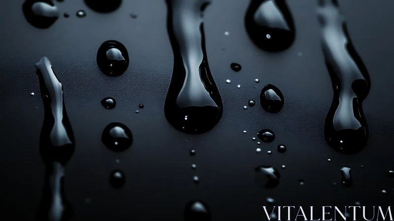 Glossy black liquid droplets glisten on a sleek dark surface