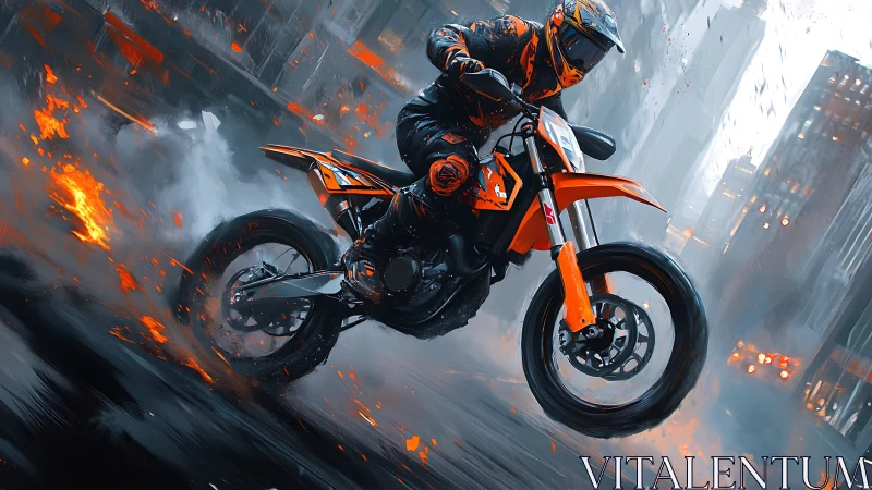 Motorcyclist performing urban stunt amid smoke and sparks.