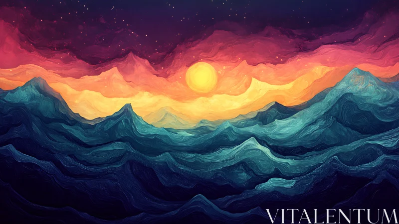 Sun over stylized teal mountains under vivid swirling sky