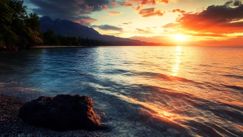Sunset over calm lake with rocky shoreline and mountains.