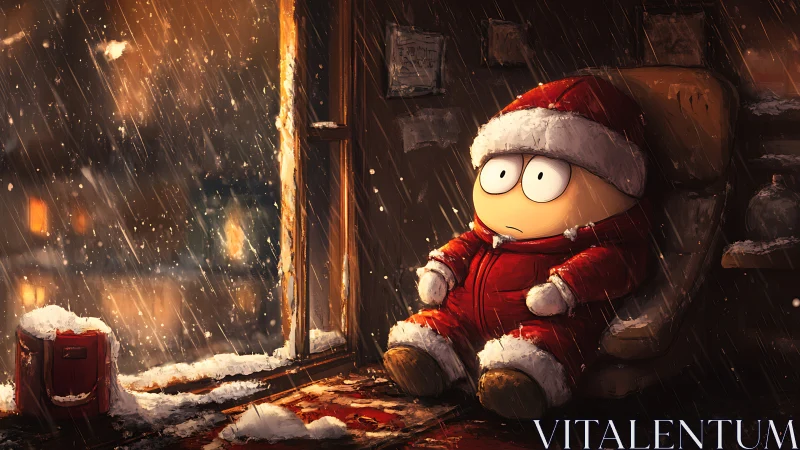 Snowy Christmas child watches storm from warm doorway.