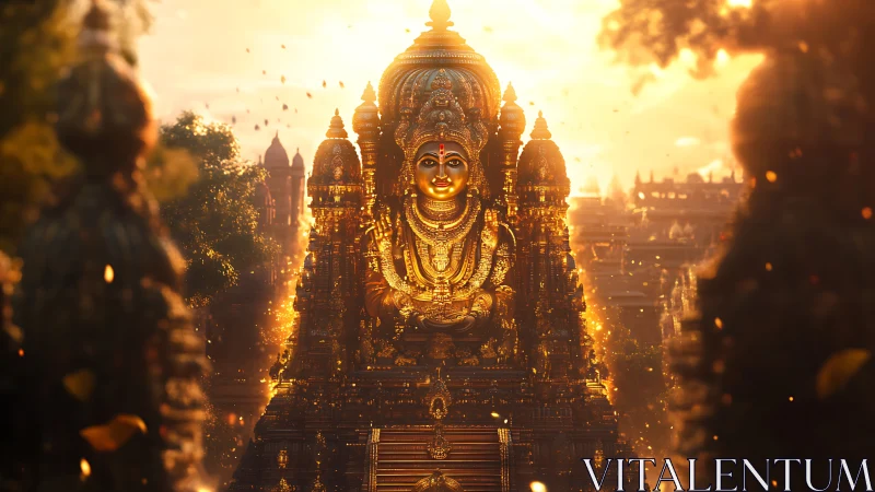 Golden temple goddess glowing in warm sunset light.