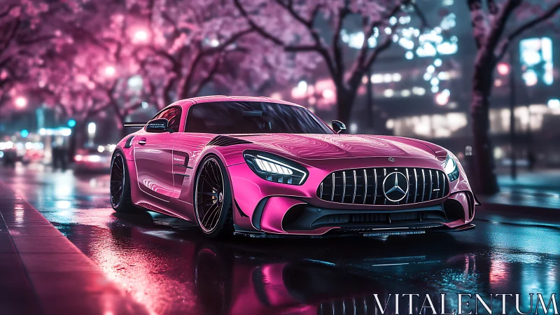 Sleek pink sports car cruising under dreamy city lights.