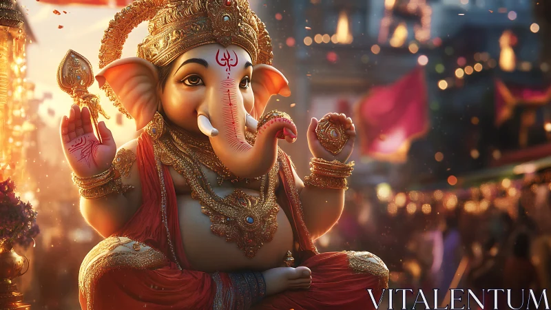 Luminous digital Ganesh idol with ornate festival bokeh field.