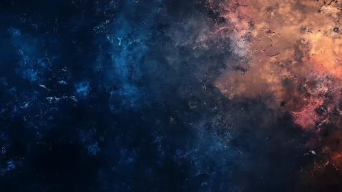Abstract cosmic texture with blue and orange hues, grunge style.
