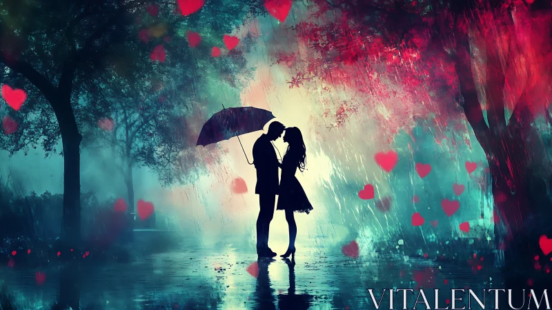 Silhouetted Romance Under Umbrella in Rain.
