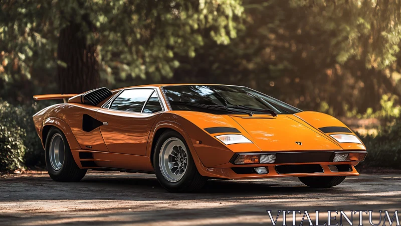 Orange wedge-shaped sports car is parked on a forest road
