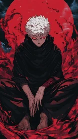 White haired anime figure in dark robe amid red vortex.