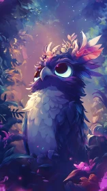 Luminescent owl gazes upward inside glowing twilight forest