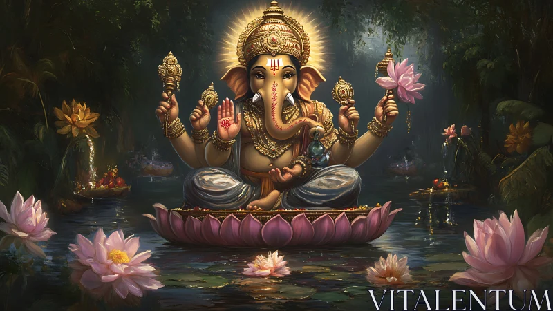 Lotus-throned Ganesha glows in a moonlit jungle sanctuary.