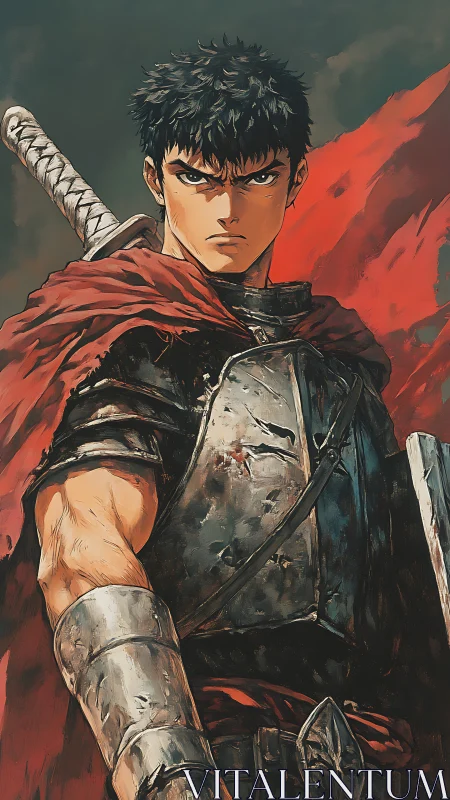 Storm-eyed warrior with scarred armor and crimson banner.