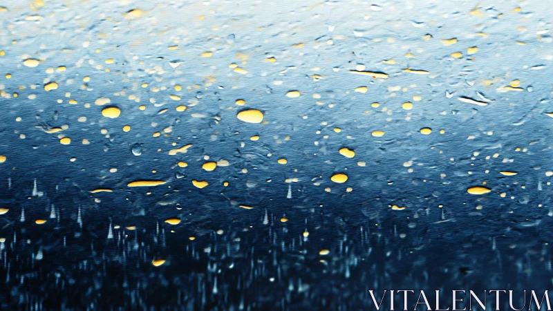 Raindrops shimmer on glass as blurred city lights glow softly