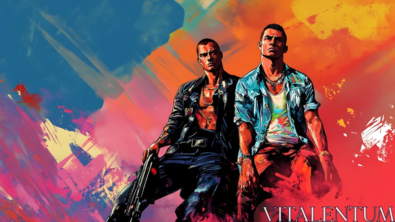 Urban duo framed in neon gradient brushstroke explosion.