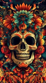 Floral skull totem radiates neon folkloric symmetry.