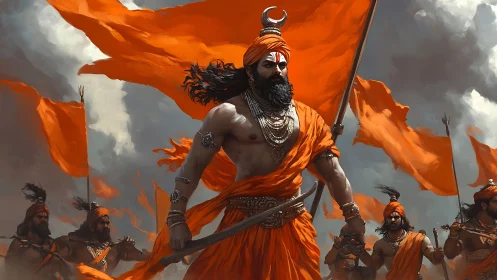 Warrior ascetic leading saffron-bannered battle charge.