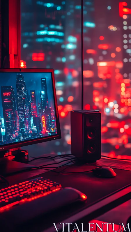 Neon-lit gaming desk overlooks a futuristic cyber cityscape