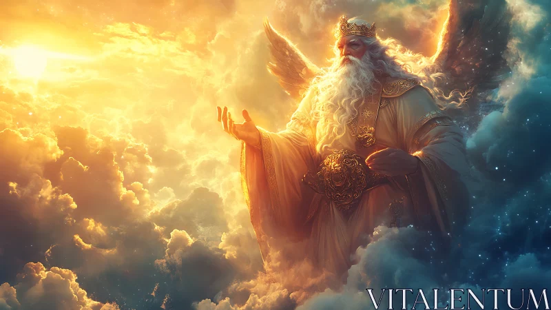 Winged celestial king seated in radiant glowing clouds.