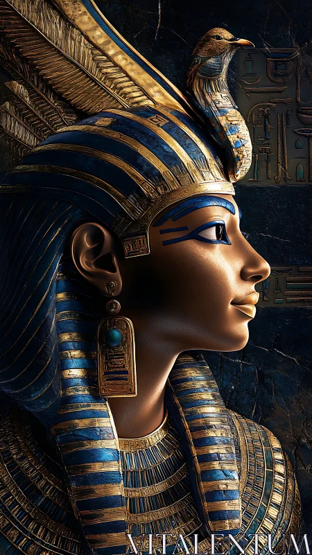 Egyptian queen profile in ornate blue gold headdress.