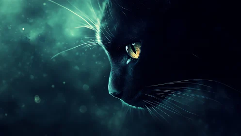 Black cat face with glowing golden eyes in emerald light