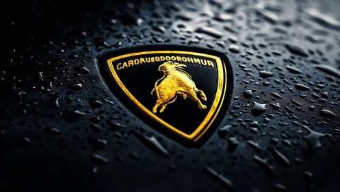 Golden bull car emblem on wet dark vehicle surface.