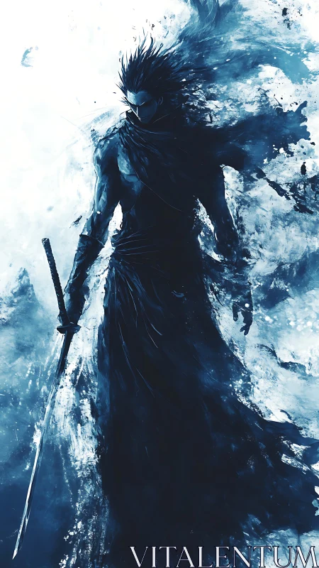 Silhouetted swordsman rendered in high contrast monochrome brush dynamics