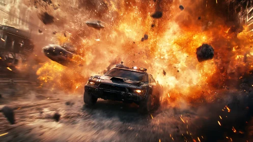 Armored interceptor outruns urban fireball shockwave blast.