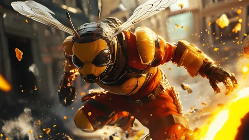 Insect-inspired armored figure in urban combat scene.