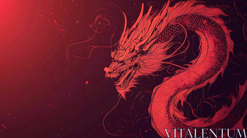 Fiery red dragon swirling through a glowing cosmic dusk sky.