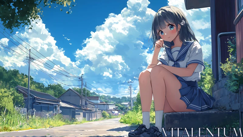 Summer anime schoolgirl on quiet rural street steps.