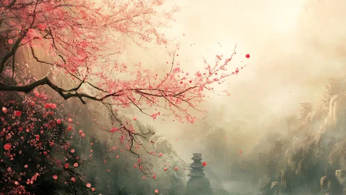 Blossoming cherry tree arches over misty mountain pagodas.